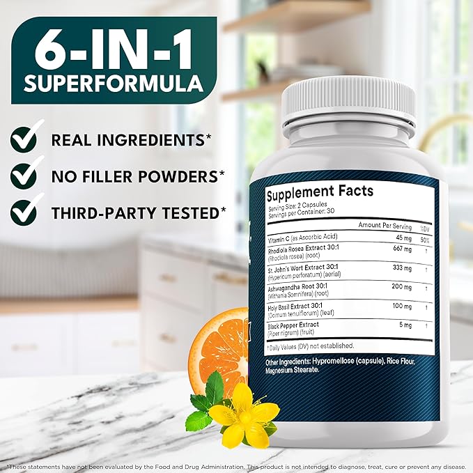 NEW AGE St Johns Wort, Rhodiola Rosea, Holy Basil, Ashwagandha - Support for Women and Men with Vitamin C & Black Pepper Extract - 60 Count