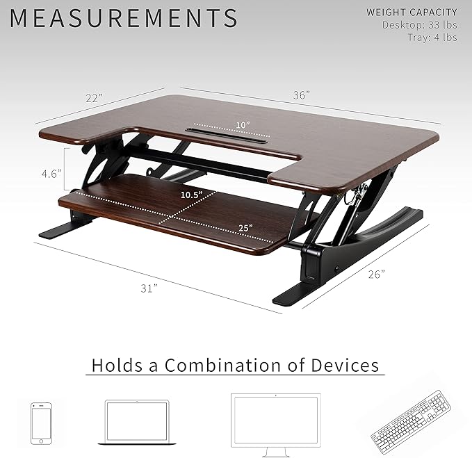 VIVO 36 inch Height Adjustable Stand Up Desk Converter, V Series, Quick Sit to Stand Tabletop Dual Monitor Riser Workstation, Dark Walnut Top, Black Frame, DESK-V000VD