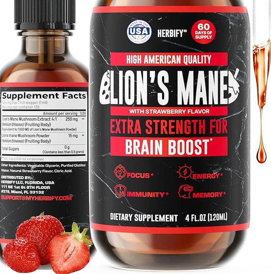 HERBIFY Lions Mane Supplement - Daily Mushroom Supplement for Memory, Focus & Clarity - Brain Booster - Lions Mane Tincture for Immune Support - 4 Fl oz Strawberry Flavor