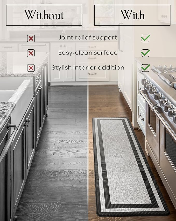 Anti-Fatigue Kitchen Mat Set – 2-Piece Memory Foam Cushioned Mats for Standing – Fabric Black, 18×30 & 18×60, 0.4 in Thick, Waterproof, Non-Slip – Homergy