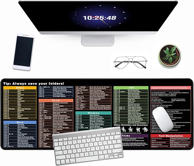 Excel Cheat Sheet Desk Pad, 31.5"x11.8", Waterproof Extra Large Excel Shortcut Mat with Stitched Edges, Anti-Slip Excel Mouse Pad for Office Desk, MS Excel/Word Shortcuts (Color Shortcut)