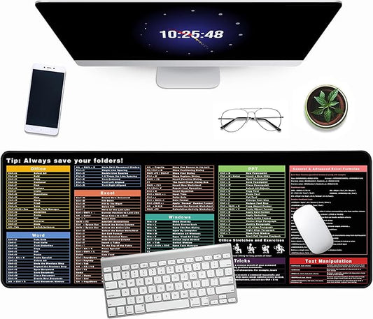 Excel Cheat Sheet Desk Pad, 31.5"x11.8", Waterproof Extra Large Excel Shortcut Mat with Stitched Edges, Anti-Slip Excel Mouse Pad for Office Desk, MS Excel/Word Shortcuts (Color Shortcut)