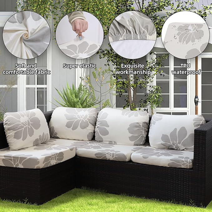 8Pcs Stretch Patio Cushion Covers Outdoor Cushion Cover, Jacquard Stretch Cushion Covers, Cover Replacement, Outdoor Sofa Covers, Washable Furniture Couch Cushion Cover (Wild Gardenia)