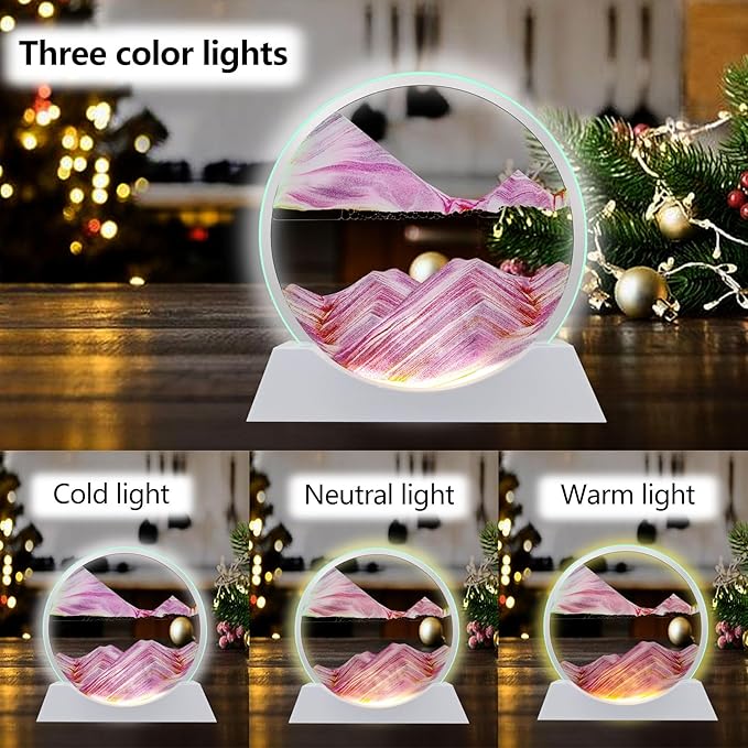 Aoderun 12" Moving Sand Art Liquid Motion with Light 3 Color Changing Moving Sand Art Picture Round Glass 3D Deep Sea Sand Art Sandscapes for Adult Relaxing Toys Desktop Home Office(Pink)