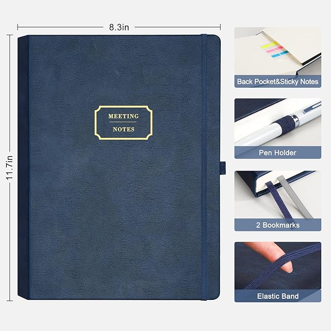 EMSHOI Meeting Notebook for Work with Action Items - 240 Pages A4 Large Project Planner Agenda Organizer Work Notebook for Women Men Office Business Notes, PU Leather Hardcover, 8.5" x 11", Blue