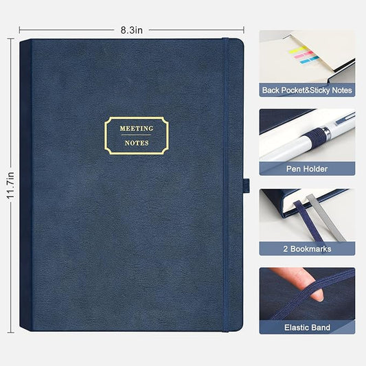 EMSHOI Meeting Notebook for Work with Action Items - 240 Pages A4 Large Project Planner Agenda Organizer Work Notebook for Women Men Office Business Notes, PU Leather Hardcover, 8.5" x 11", Blue