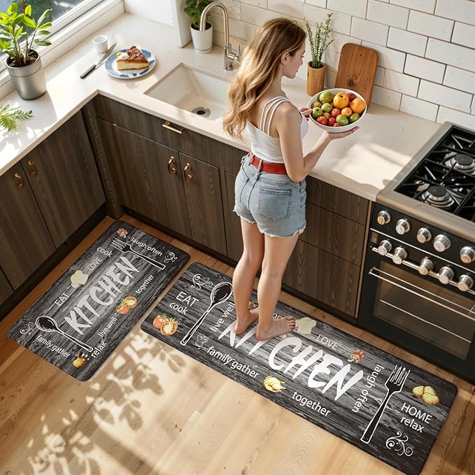 KIMODE Anti Fatigue Kitchen Mat 2PCS,Non Slip Waterproof Kitchen Rugs,Farmhouse Grey Kitchen Mat for Floor,Cushioned Comfort Foam Standing Mat for Home,Laundry,Sink,Desk