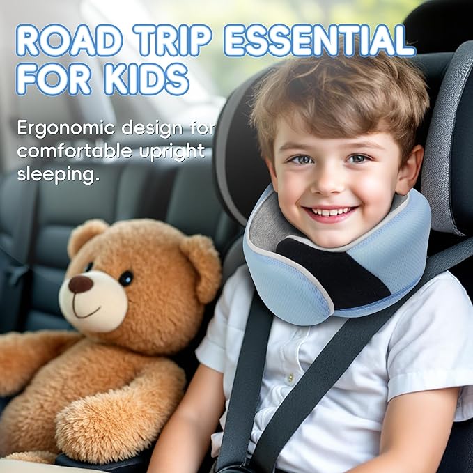 Proglobe Junior Kids Travel Neck Pillow - Ergonomic Memory Foam Pillow for Airplane, Car, Booster Seat - Soft, Washable, Compact Travel Pillow with Strap - Light Blue - Ages 4–13