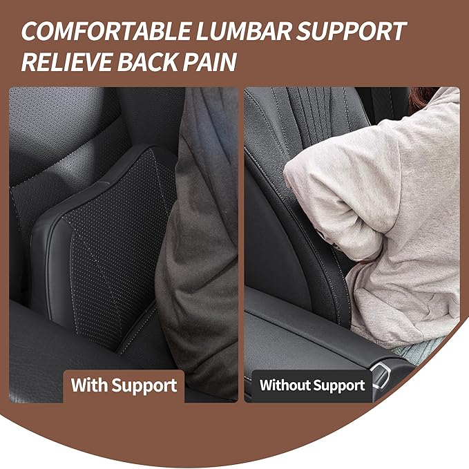 Lumbar Support Pillow for Car, Premium Leather Memory Foam Lumbar Cushion for Lower Back Pain Relief, Universal Back Support for Driving, Home & Office Chairs, Black, 1 Pack