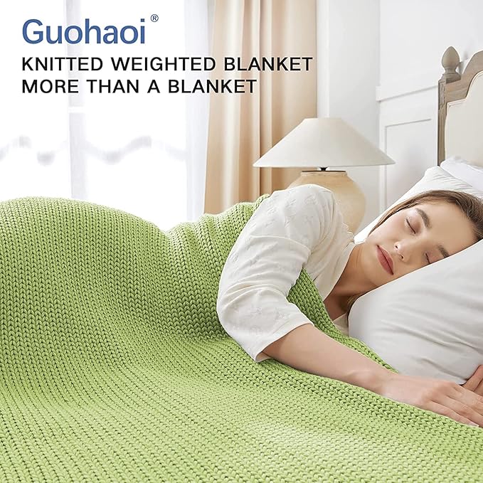 Guohaoi Knitted Weighted Blanket for Adults (Light Green 60"x80" 15lbs) No Beads Cooling Throw Blanket for Hot Sleepers, Home Decor Breathable Chunky Knit Heavy Blanket Use on Queen/King Size Bed