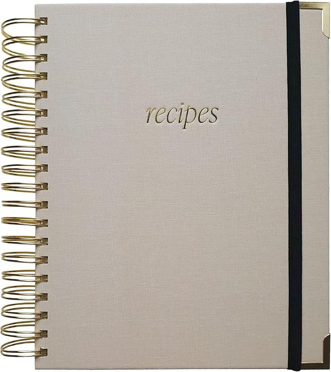 Sweet Water Decor Recipes Journal, Cute 8 Tabbed Cooking Notebook for Women, 40 Prompt Recipe Pages Per Section, Neutral Laminate Spiral Bound Diary with Gold Metal Corner Details