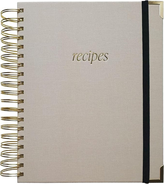 Sweet Water Decor Recipes Journal, Cute 8 Tabbed Cooking Notebook for Women, 40 Prompt Recipe Pages Per Section, Neutral Laminate Spiral Bound Diary with Gold Metal Corner Details
