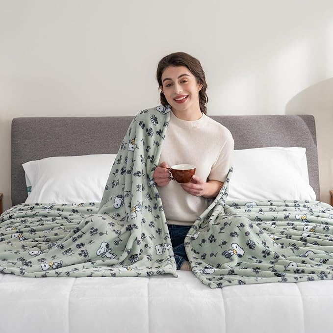 Berkshire Blanket Peanuts® VelvetLoft® Cute Character Snoopy Plush Blanket,Peanuts Snoopy & Woodstock New Flower and Bees Sage,Twin 60 in x 90 in (Official Peanuts® Product)