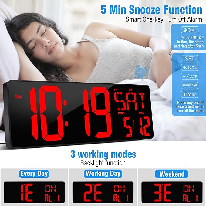 Large Digital Wall Clock（5.6'' Number）, 17.2" LED Wall Clock with Date and Temperature, Count Up/Down Timer with Remote Control, Adjustable Brightness Alarm Clock