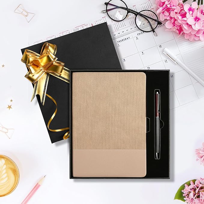 TSFPapier A5 Lined Notebook with Pen & Gift Box 216 Pages PU Leather Journals for Women Men 100GSM Thick Paper College Ruled Notebook for School,Travel,Business,Work,Home Writing (A5 Lined 216pages, Khaki - Gift Box Set)