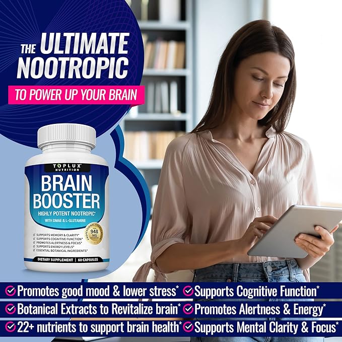 Toplux Brain Supplement Nootropic – Brain Pills Vitamin with DMAE, Bacopa Monnieri, L-Gutamine, for Men Women, 60 Capsules, Nutrition