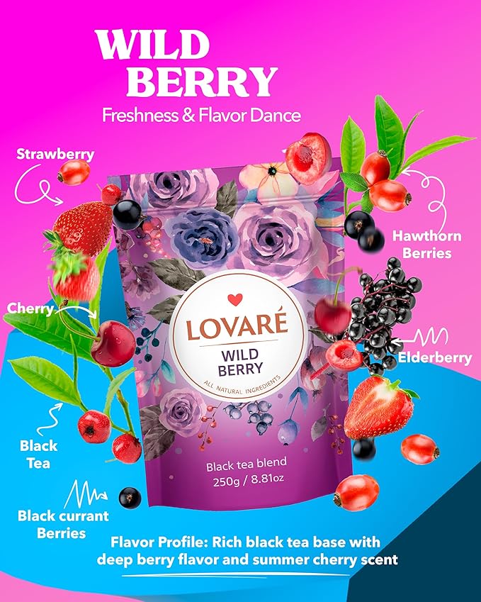 LOVARE Wild Berry Tea Pouch - Loose Leaf Tea 250 g - Made in Ukraine - Doypack with Black Tea, Cherry, Roses, Hawthorn Berries, Elderberry, Black Currant Berries, Strawberry - tea Lovers Gift