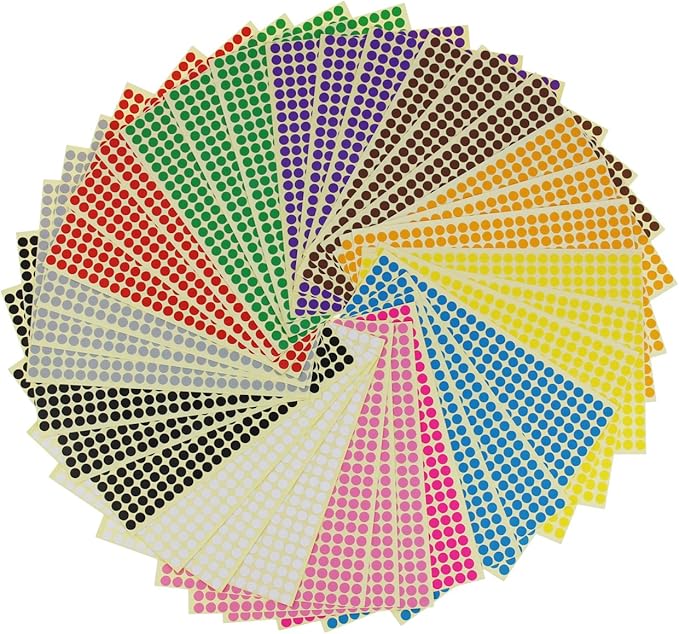 LJY 6mm Round Dot Stickers Color Coding Labels, 12 Different Assorted Colors, 36 Sheets, 14688 Dots in Total