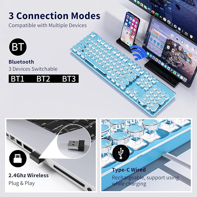 EWEADN TK950 Typewriter Keyboard Wireless Mechanical Keyboard, 104 Keys Aesthetic Typewriter Keyboards with White Backlit, Anti-Ghosting, Blue Switch Bluetooth/2.4GHz/Wired Keyboards-Blue