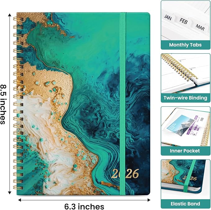 2026 Planner, Monthly and Weekly Calendar Planner for Women, January 2026 - December 2026, Hardcover Pretty 2026 Agenda Planner Book with Tabs, Spiral Bound, Perfect for School Office Home Supplies, 6.3" x 8.5" - Emerald Shores