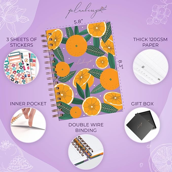 PLANBERRY Food Journal Premium – Nutrition Planner – Diet & Calorie Tracker – Meal & Exercise Diary – Weight Loss Journal (Orange Fresh)
