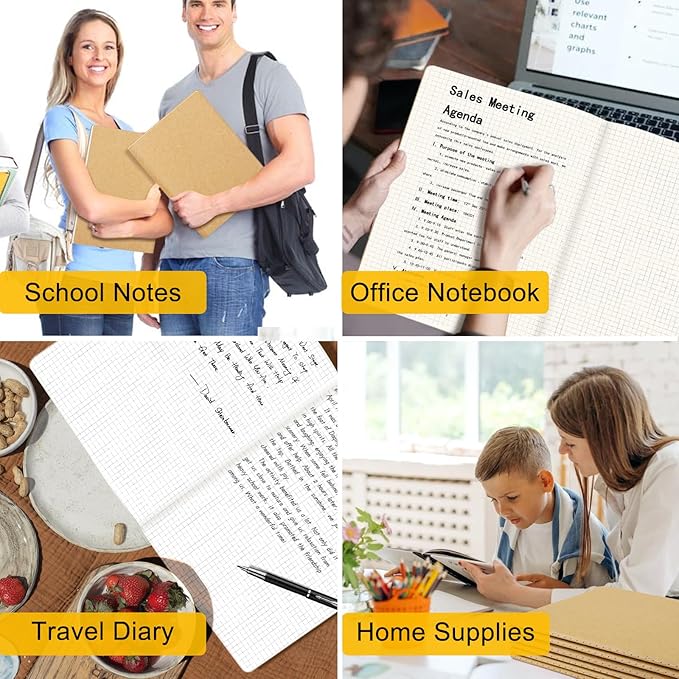 EUSOAR Graph Notebook, 6 Packs Large A4 8.5" x 11" 40 Sheets/ 80 Pages, 100gsm Thick Paper Kraft Journal Notebook, Student Sketchbook Composition Diary Subject Notebooks Planner Journal