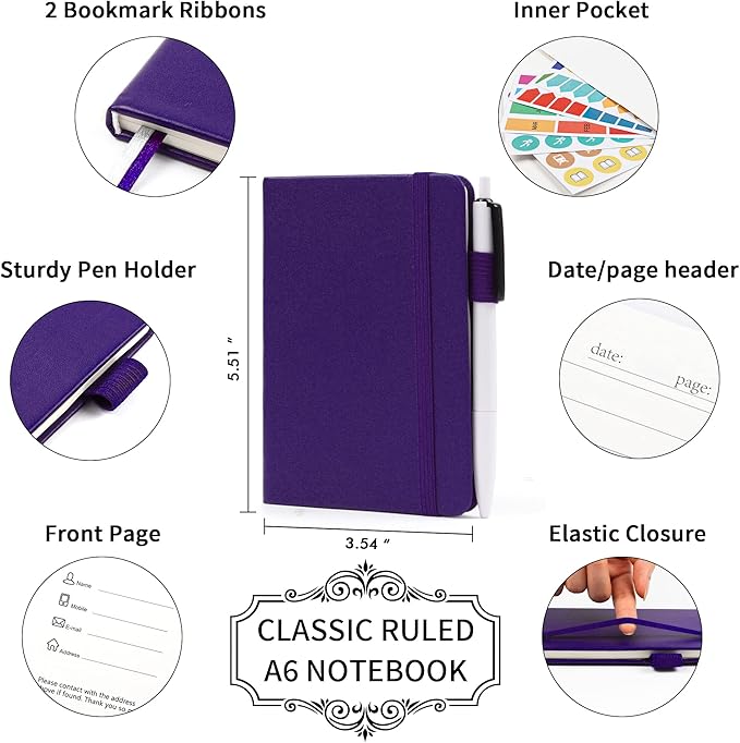 feela 3 Pack Pocket Notebook Journals, Mini Cute Small Journal Notebook Bulk Hardcover College Ruled Notepad with Pen Holder for Office School Supplies, with 3 Black Pens, 3.5”x 5.5”, A6, Purple