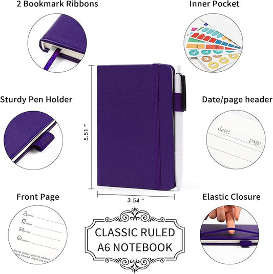 feela 3 Pack Pocket Notebook Journals, Mini Cute Small Journal Notebook Bulk Hardcover College Ruled Notepad with Pen Holder for Office School Supplies, with 3 Black Pens, 3.5”x 5.5”, A6, Purple