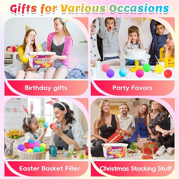 120 Pack Stress Balls, Slow Rising Stress Balls for Kids Adults, Stretchy Fidget Ball for Stress Relief, Hand Therapy Sensory Squishy Ball, Classroom Prize Box Party Favors