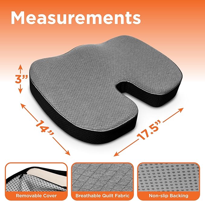 BLACK+DECKER Quilted Knit Memory Foam Seat Cushion U Seat Cushion for Office Chair, Car, Wheelchair & Airplane – Ergonomic, Pain Relief, Non-Slip Backing, Washable Cover, Grey/Black
