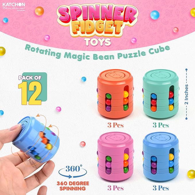 KatchOn, Rotating Fidget Toys – Pack of 12 | Magic Bean Puzzle Cube and Fidget Spinners for Kids, Adults | Fidget Toys Bulk, Classroom Prizes,Goodie Bag Stuffers, Birthday Party Favors for Kids 8-12