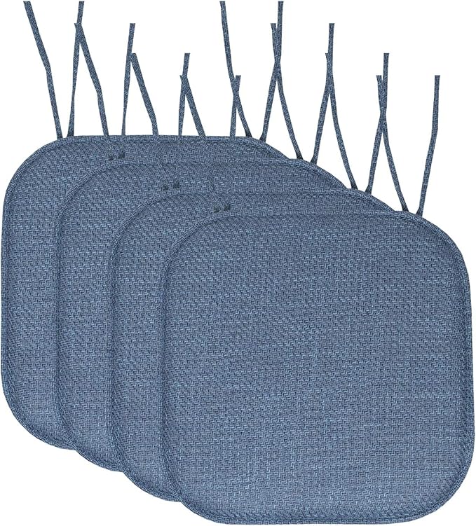 Sweet Home Collection Chair Cushion Memory Foam Pads with Ties Honeycomb Pattern Slip Non Skid Rubber Back Rounded Square 16" x 16" Seat Cover, Herringbone Blue
