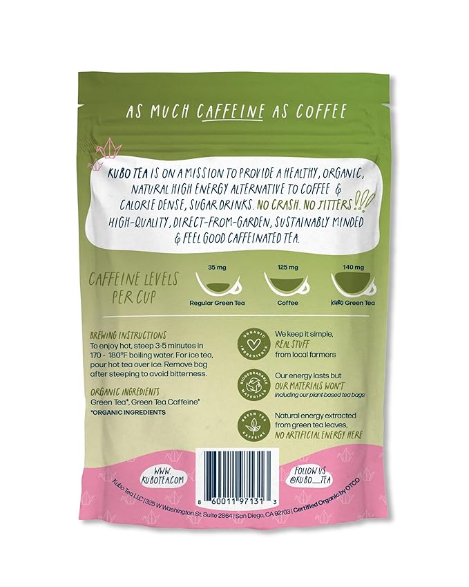 Kubo Tea Japanese Sencha Matcha Tea - Organic High Caffeine Energy Blend w/ Matcha Powder - 20 Pillow Tea Bags (140mg Caffeine each) - Coffee Substitute for Hot & Iced Drinks, Biodegradable & Compostable Packaging