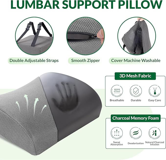 Seat Cushion & Adjustable Lumbar Support Pillow Set, Charcoal Memory Foam Back & Tailbone Pain Relief, Non-Slip & Washable Cover, for Office Chair, Car Seat, Wheelchair - Grey