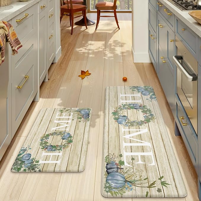 KIMODE Anti Fatigue Pumpkin Kitchen Mat for Floor,Halloween Fall Kitchen Rugs Sets of 2, Autumn Farmhouse Kitchen Rugs Non Slip,Cushioned Kitchen Floor Mat for Floor Sink, Laundry, Office,Home Blue