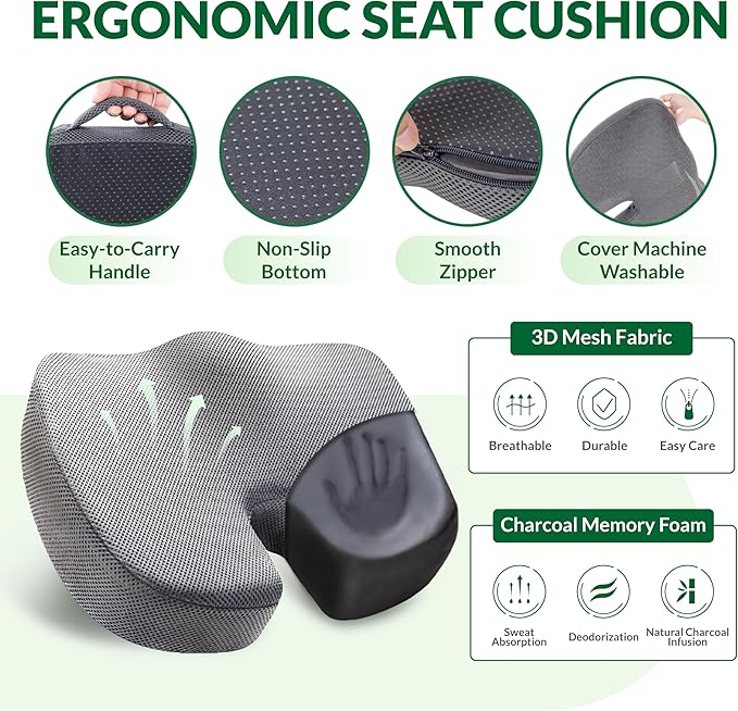 Seat Cushion & Adjustable Lumbar Support Pillow Set, Charcoal Memory Foam Back & Tailbone Pain Relief, Non-Slip & Washable Cover, for Office Chair, Car Seat, Wheelchair - Grey