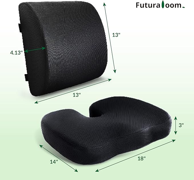 Seat Cushion & Adjustable Lumbar Support Pillow Set,Charcoal Memory Foam for Sciatica,Back & Tailbone Pain Relief,Washable Cover & Non-Slip,Ergonomic for Office Chair,Car,Wheelchair -Black