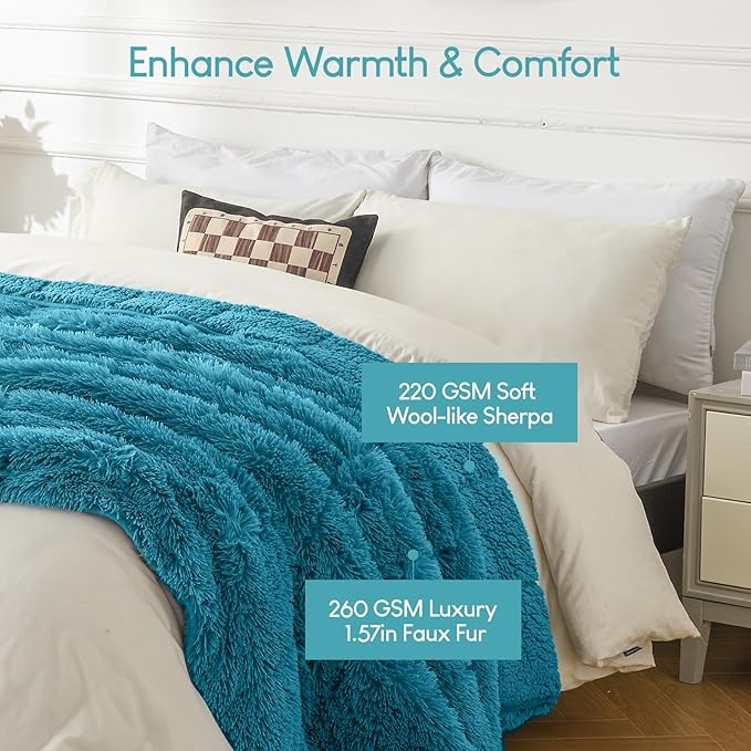 Cottonblue Adults Weighted Blanket 17lbs 60x80 Inches for Queen Bed, Faux Fur Sherpa for Sofa Couch, Plush Cozy Blanket With Ceramic Beads for Calm and Relax, Teal Green