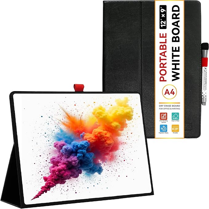 Desktop Dry Erase Board,12" X 9" Small White Board,Portable whiteboard with Stand, Marker and Eraser Wipe, A4 Notebook White Board Easel for Kids Drawing on Desk, for Students Shool (Black) (Black)