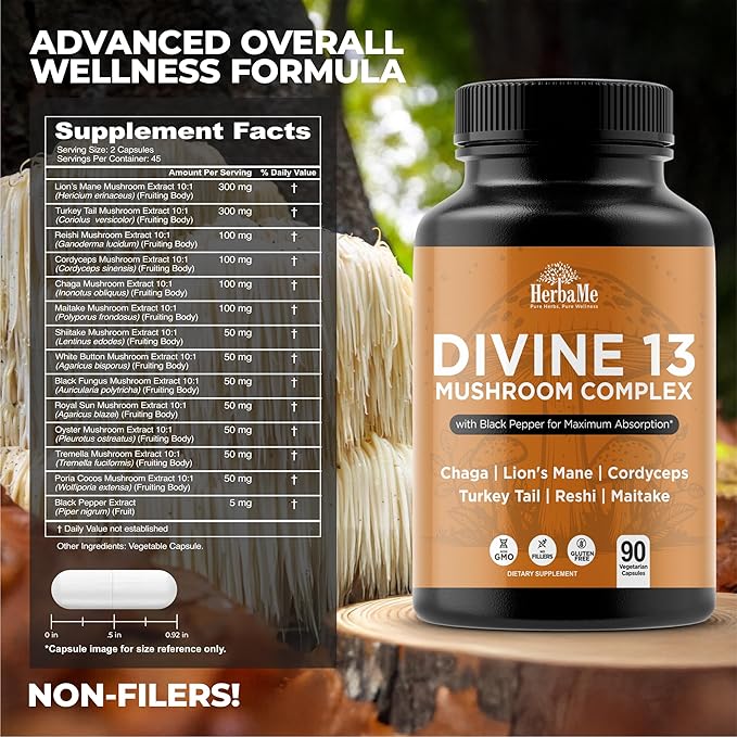 Mushroom Extract Complex with Black Pepper, Lion's Mane, Cordyceps, Turkey Tail, Chaga, Shiitake, Maitake, Nootropic Brain Supplements for Memory and Focus, Immune System Support, 90 Capsules