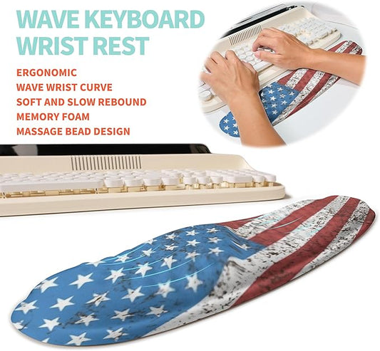 2-in-1 Ergonomic Set, Wave Rise Keyboard Wrist Rest and Massage Bulge Slope Mouse Pad Wrist Support, Cushion Memory Foam Integrated to Relieve Wrist Pain, American Flag