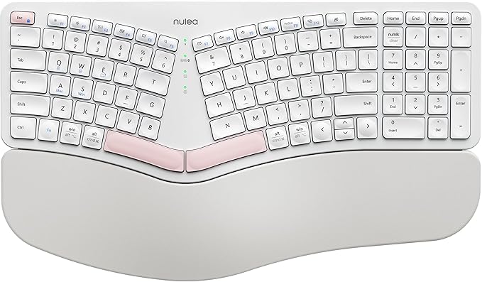Nulea Wireless Ergonomic Keyboard, Split Keyboard with Cushioned Wrist Rest, Bluetooth and USB Connectivity, USB-C Rechargeable, Compatible with Windows Mac (White Pink)