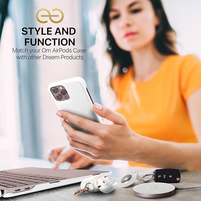 Dreem Om Case Cover with Keychain Clip Compatible with AirPods Pro 2/Pro, Protective One-Piece Hard Shell, Luxury Vegan Leather AirPod Pro Case 2nd/1st Generation with Separate Clip [White]