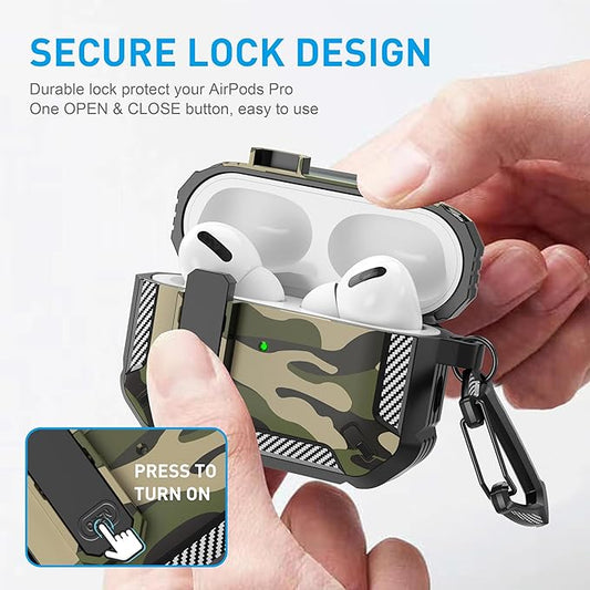 Maxjoy AirPods Pro 2nd/1st Generation Case Cover with Lock, AirPods Pro 2 Protective Case with Keychain Compatible with Apple AirPod Pro2 2023 USB C Cable 2022 Lightning Cable/ Pro1 2019, Jungle Camo