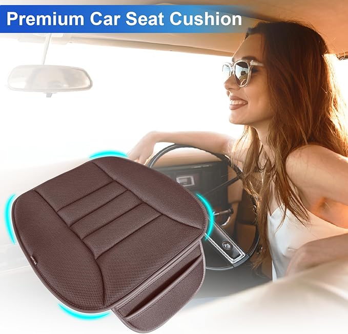 Premium Car Seat Cushion, Driver Cushion with Comfort Memory Foam & Non-Slip Rubber Bottom, Car Seat Pad Works with 95% of Vehicles and Office Chair or Home - 4D Brown