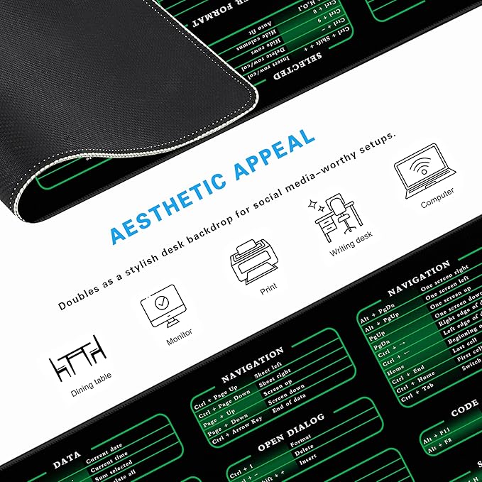 Excel Cheat Sheet Desk Pad, 31.5"x11.8", Waterproof Extra Large Excel Shortcut Mat with Stitched Edges, Anti-Slip Excel Mouse Pad for Office Desk, MS Excel/Word Shortcuts (Green Excel A)