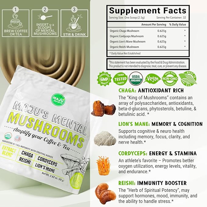 MAJU's Mental Mushroom Powder Extract, Strong Lions Mane, Chaga, Reishi, Cordyceps, Fruiting Bodies for Coffee, Immune System Booster, Nootropic Brain Supplement, Memory, Organic Mushrooms