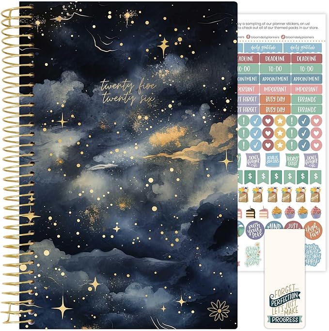 bloom daily planners 2025-2026 Academic Year Daily Planner (July 2025 - July 2026) - A5 Weekly & Monthly Calendar Agenda Organizer Book with Stickers - 5.5" x 8.25" - Midnight Sky