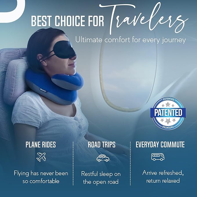 BCOZZY Travel Neck Pillow for Airplane– Patented Double Support for Head, Neck, and Chin. Best for Long Flights, Plane Sleeping, and Car Rides. Adjustable Size. Fully Washable. Carry Bag. Large, Nude