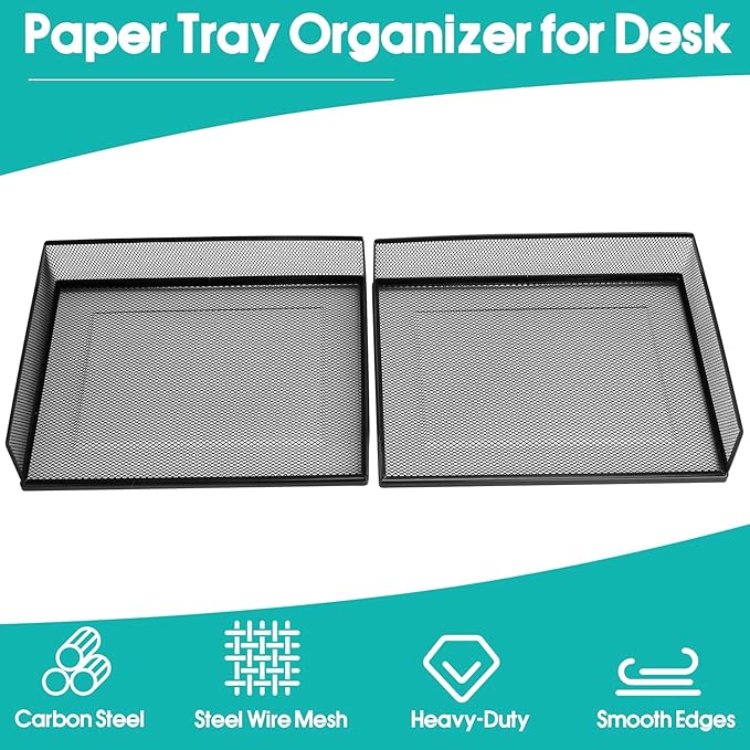 Wire Mesh Letter Trays Paper Tray Desk File Organizer, 2 Pack Stackable Metal Front-Load Documents Tray for Office Supplies File (Transverse)